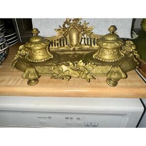 ANTIQUE 19TH CENTURY FRENCH BRASS DOUBLE INKWELL WITH GERMAN INSCRIPTION